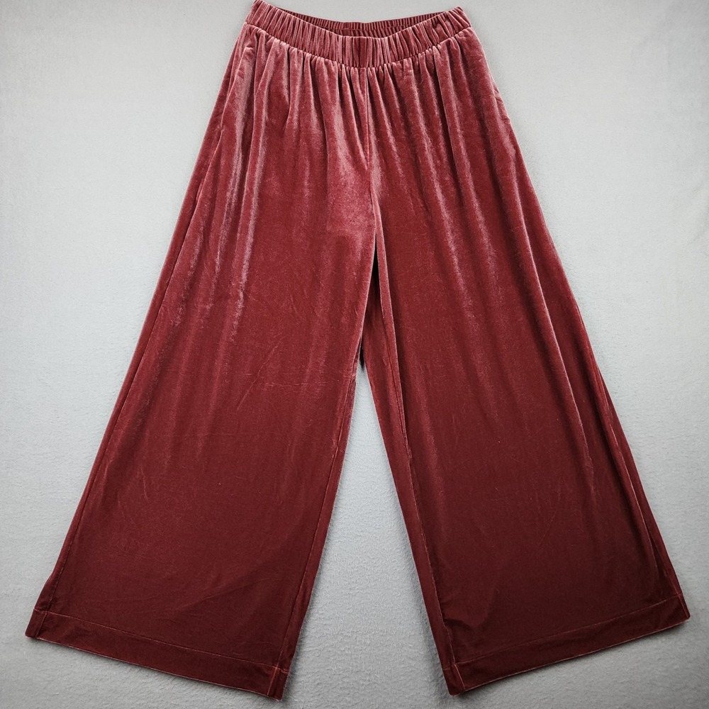 Uniqlo Pants Womens M Red Velour Cropped Wide Leg Pull On Stretch Casual Lounge